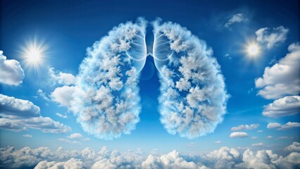 Artistic representation of human lungs formed from white fluffy clouds against a serene blue background symbolizing fresh air and health.