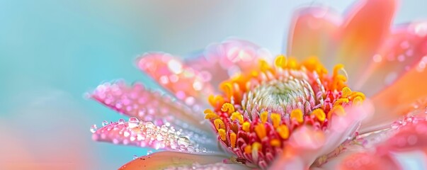 Close-up of a delicate pink and orange flower with dew drops.