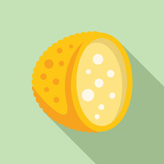 Round piece of cheese is shown with a segment removed to reveal the creamy texture and holes inside