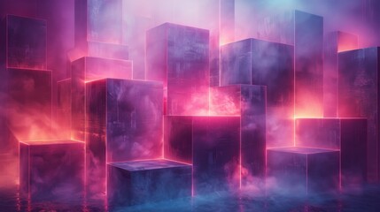 Neon cubes glow in abstract cityscape with smoke, creating cyberpunk vibe. Colors and shapes evoke mystery and tech