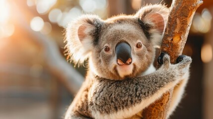 Obraz premium An adorable koala bear with fluffy ears tightly clings to a tree branch, bathed in warm sunlight, capturing the essence of Australian wildlife and cuteness.