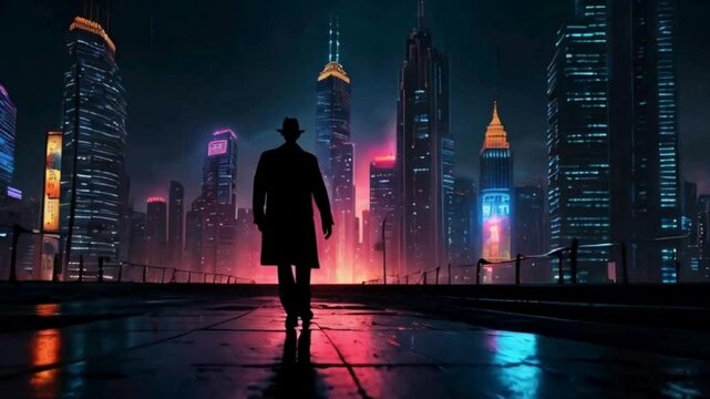  Silhouette of a Man in a Fedora Looking at a Cityscape at Night