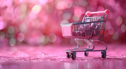 Pastel pink shopping cart on pink background symbolizes Black Friday sales minimalistic concept. Shop online, free delivery