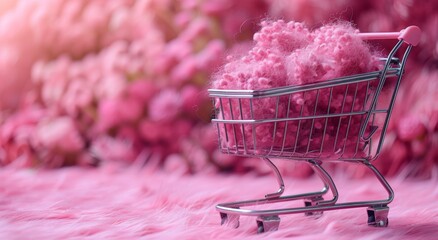 Pastel pink shopping cart on pink background symbolizes Black Friday sales minimalistic concept. Shop online, free delivery