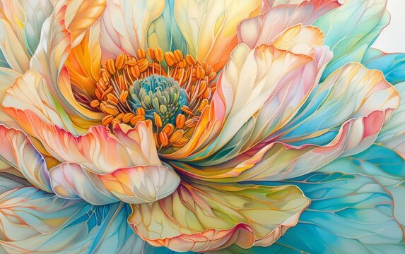 Abstract painting of a colorful flower with vibrant petals.