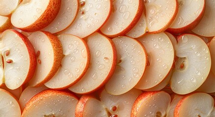Flat lay top view pattern of pear slices, offering minimal texture