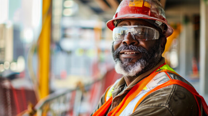Fototapeta premium Nice portrait of a builder at a construction site. excellent photorealistic image style