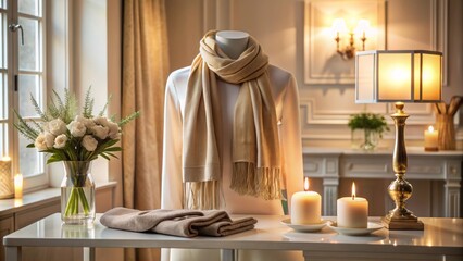 Warm ambient indoor setting with blurred background and stylish beige scarf draped elegantly over a pristine crisp white shirt.