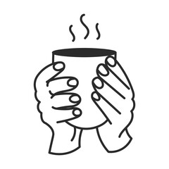 Two hands holding Cup with Hot Drink Doodle Icon. Hand drawn gesture with Coffee or Tea Mug with Steam. Drinking warm beverage. Isolated vector illustration