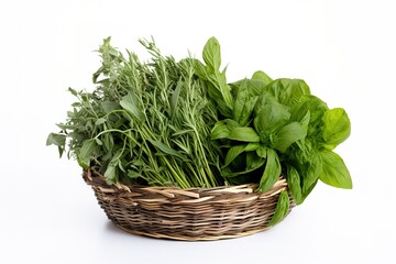 Fototapeta premium A Basket of Freshly Harvested Herbs for Summer Cooking on White or PNG Transparent Background..
