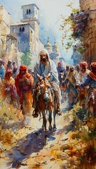Jesus enters Jerusalem on a donkey amid joyful crowd