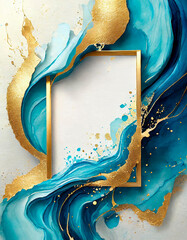 Golden frame with teal ink waves or watercolor paint stains on a white background