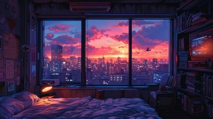 Pixel art of cyberpunk NYC apartment bedroom window.