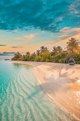 Tranquil closeup calm sea water waves with palm trees. Beautiful sunrise sunset sunlight. Tropical...