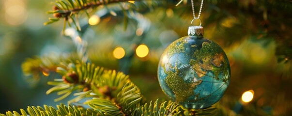 Christmas ornament shaped like planet earth is hanging from a christmas tree with warm twinkling lights in the background