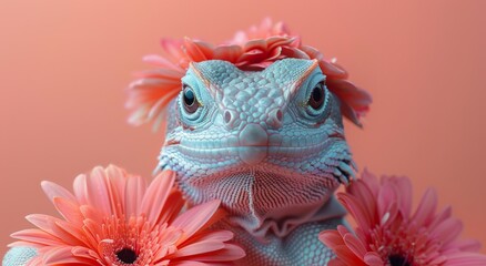 Pop art lizard portrait in floral jacket on pink backdrop