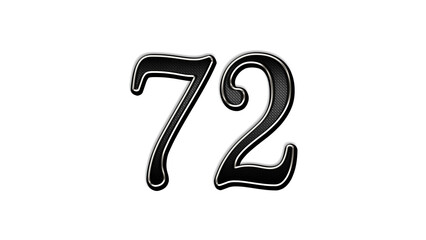 black metal 3d design of number 72 on white background.
