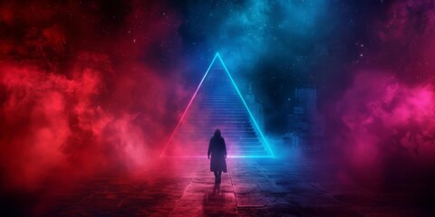 Silhouette of a person standing before a glowing triangular portal amidst ethereal red and blue mist, evoking a mysterious, otherworldly atmosphere.