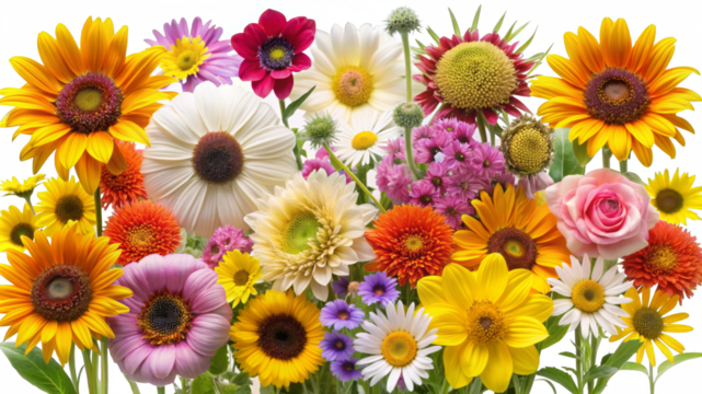 Garden Flowers-Common Garden flowers like daisies, sunflowers, and marigolds on a transparent background. 
