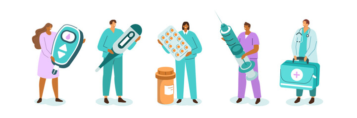 Doctors, nurses, paramedics, other hospital workers. Characters wearing medical uniform and stethoscopes. Healthcare team concept. Vector illustration.
