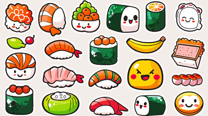 Cute kawaii sushi characters with funny faces, Japanese food illustration, asian food mascot. Japanese dish character sushi roll, funny sushi cartoon character