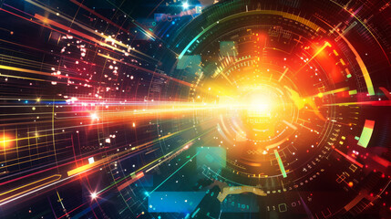Fototapeta premium A colorful, abstract image of a cityscape with a bright light shining through a tunnel. Concept of movement and energy, as if the city is in the midst of a technological revolution