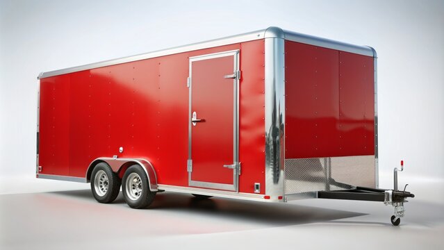 A bright red, enclosed, tandem-axle car trailer with silver wheels and a sleek design, isolated on a neutral background.