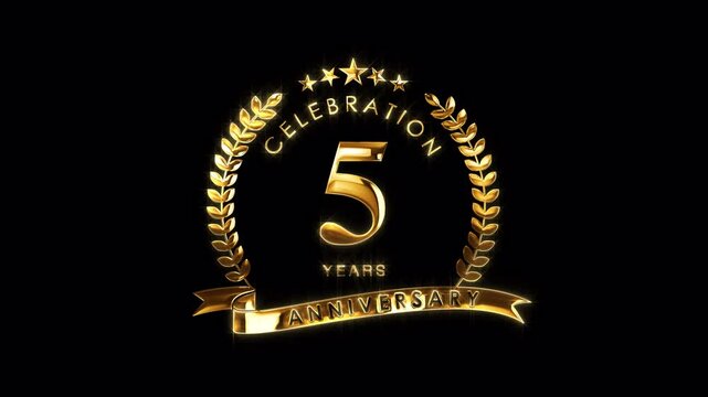 Luxurious 5th Anniversary Celebration. Golden 5 Years Anniversary Animation in Gold Color on the Transparent Background, Alpha Channel. Great for greetings, celebrations, events, and gifts.