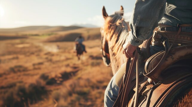 Close-up of a cowboy riding a horse in a vast desert landscape with distant riders.