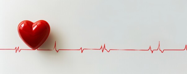 Red heart shape is sitting above a red heartbeat line on a white background. This image evokes good health and wellbeing
