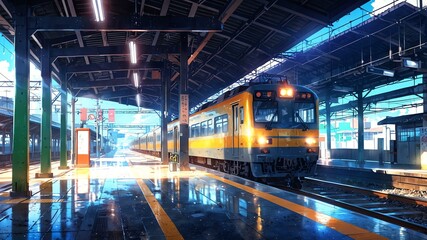 vibrant bright train station anime background