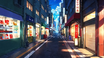 Fototapeta premium vibrant bright shopping district anime background
