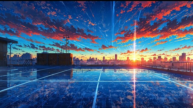 vibrant bright rooftop anime background