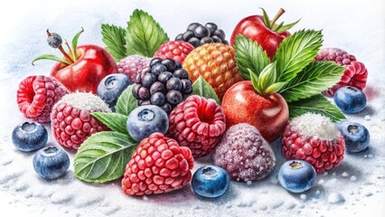Vibrant, meticulously rendered, assorted berries in various colors, delicately detailed with textured pencil marks, against a clean, snow-white backdrop.