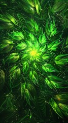 Green abstract fractal pattern background forming a flower shape with a bright center, perfect for websites and blogs about nature, ecology, and the environment