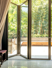 Iron windows in Asian interior living room