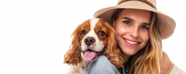Smiling young woman in summer hat hugging her Cavalier King Charles Spaniel. Free copy space for banner.