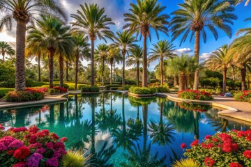 Obraz premium Serenene palm trees sway gently above a tranquil pool surrounded by lush greenery and vibrant flowers at a luxurious Orlando resort.