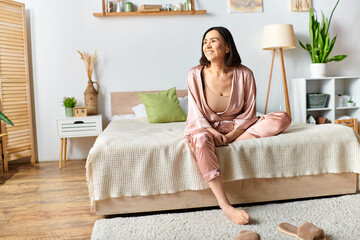A mature woman sits peacefully atop a bed in a cozy bedroom setting.