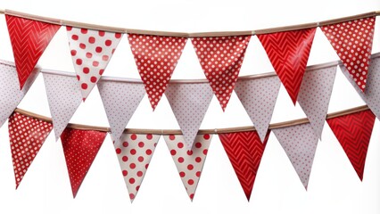 Fototapeta premium Vibrant red and white triangular bunting flags hang elegantly against a crisp white background, evoking festive celebrations and joyful gatherings worldwide.