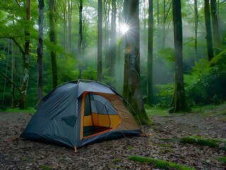 a cozy tent set up in a serene forest clearing with sunlight filtering through the leaves, copy space for text, focus cover all subject, deep depth of field, no dust