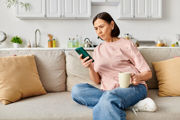 A cozy woman engrossed in her phone on a couch.