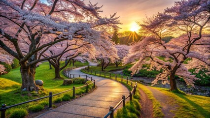 Serene scenic path winds through vibrant greenery and majestic cherry blossom trees in a tranquil Japanese park at dawn.