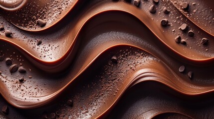 Obraz premium Liquid chocolate forming appetizing waves, sprinkled with chocolate chips and cocoa powder, creating a tempting and indulgent treat