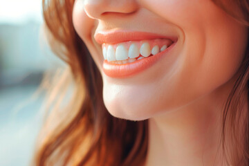 Obraz premium Close-up of a woman's smile with perfect white teeth and soft natural lighting