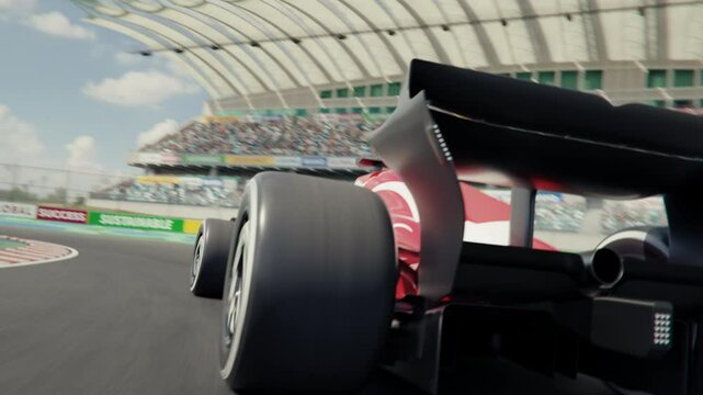 Race car POV shot following and trying to overtake a generic formula one race car. High quality 3d animation