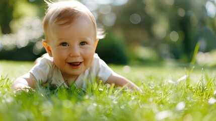A delighted baby in a white onesie crawls on green grass outdoors, sparkling eyes and smiling with joy. The scene captures the freshness and beauty of a sunny day.