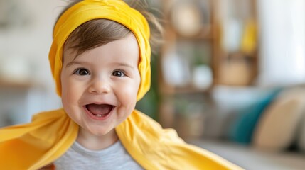 A cheerful baby with a yellow headband smiles brightly, exuding joy and warmth, in a colorful and cozy indoor setting with a blurred background.