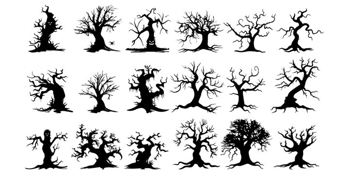 Set of Halloween trees in the form of silhouettes on a white background.