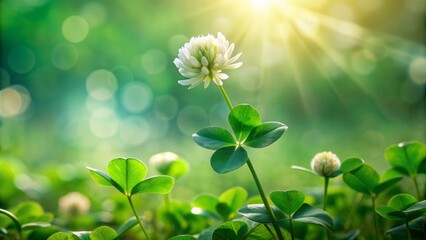 Isolated, lush green four-leaf clover plant with delicate white flowers against a soft, blurred natural outdoor background scenery.